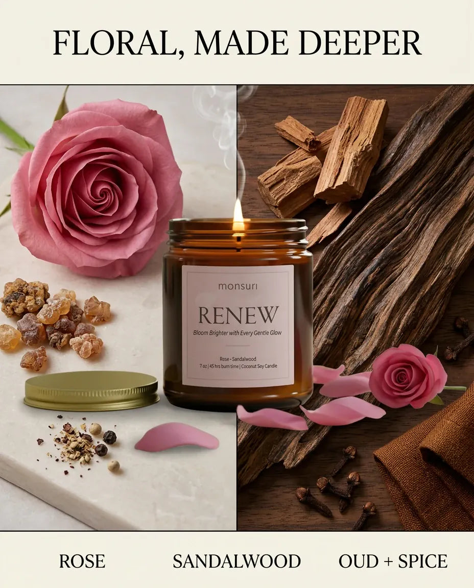 Monsuri RENEW candle ingredient card 'Floral, Made Deeper' pairing a pink rose, the lit candle, and raw sandalwood bark with oud and spice.
