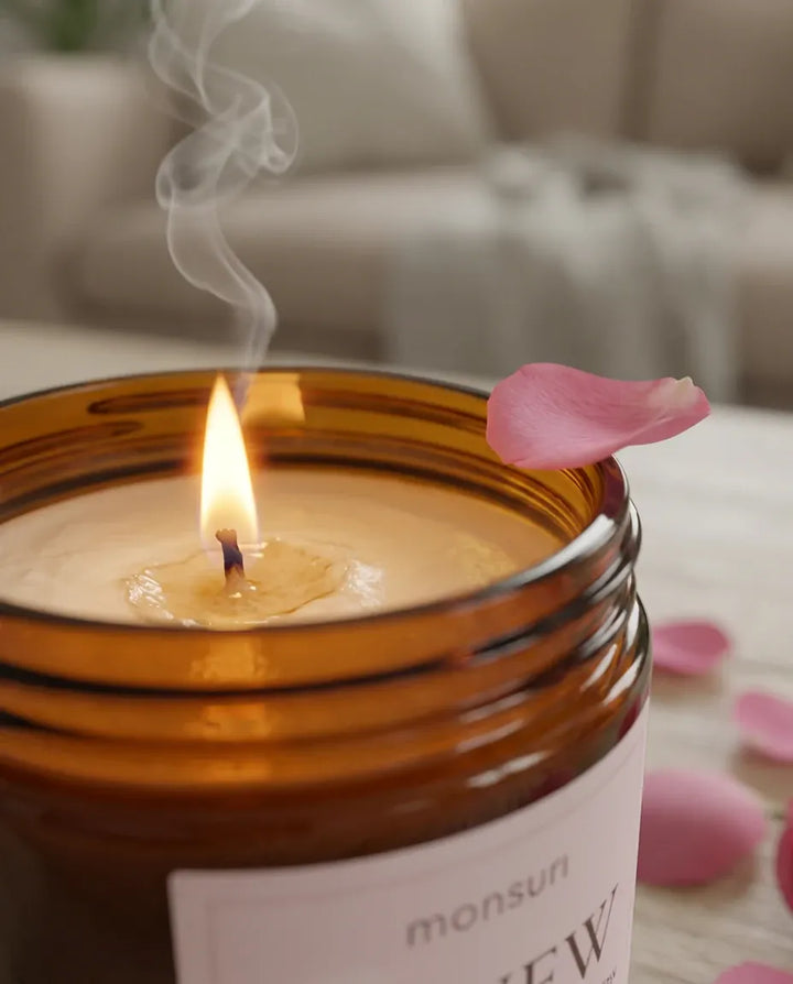 Close-up of the Monsuri RENEW rose sandalwood candle's lit wick and melted wax pool, with a single pink rose petal resting on the jar rim.