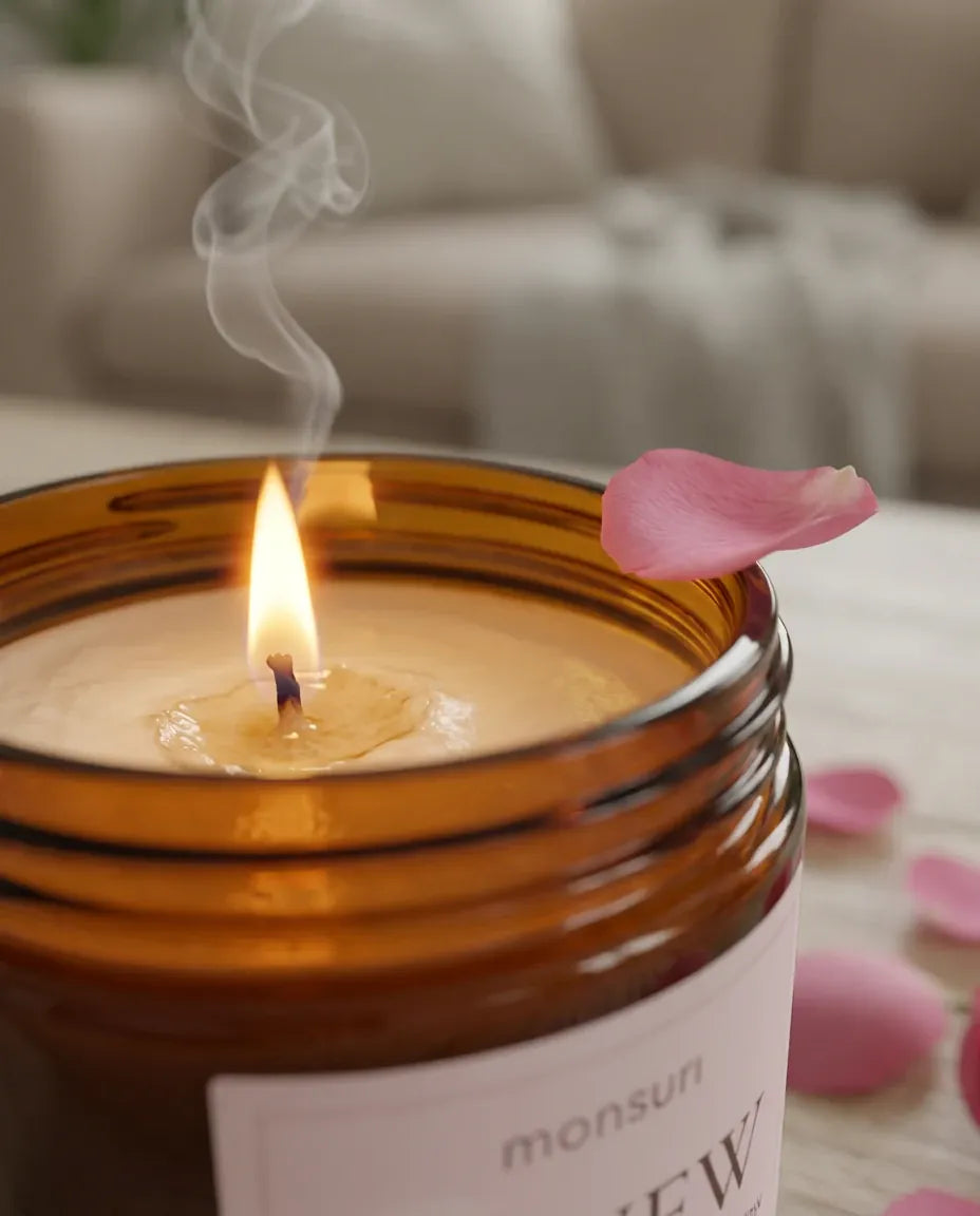 Close-up of the Monsuri RENEW rose sandalwood candle's lit wick and melted wax pool, with a single pink rose petal resting on the jar rim.