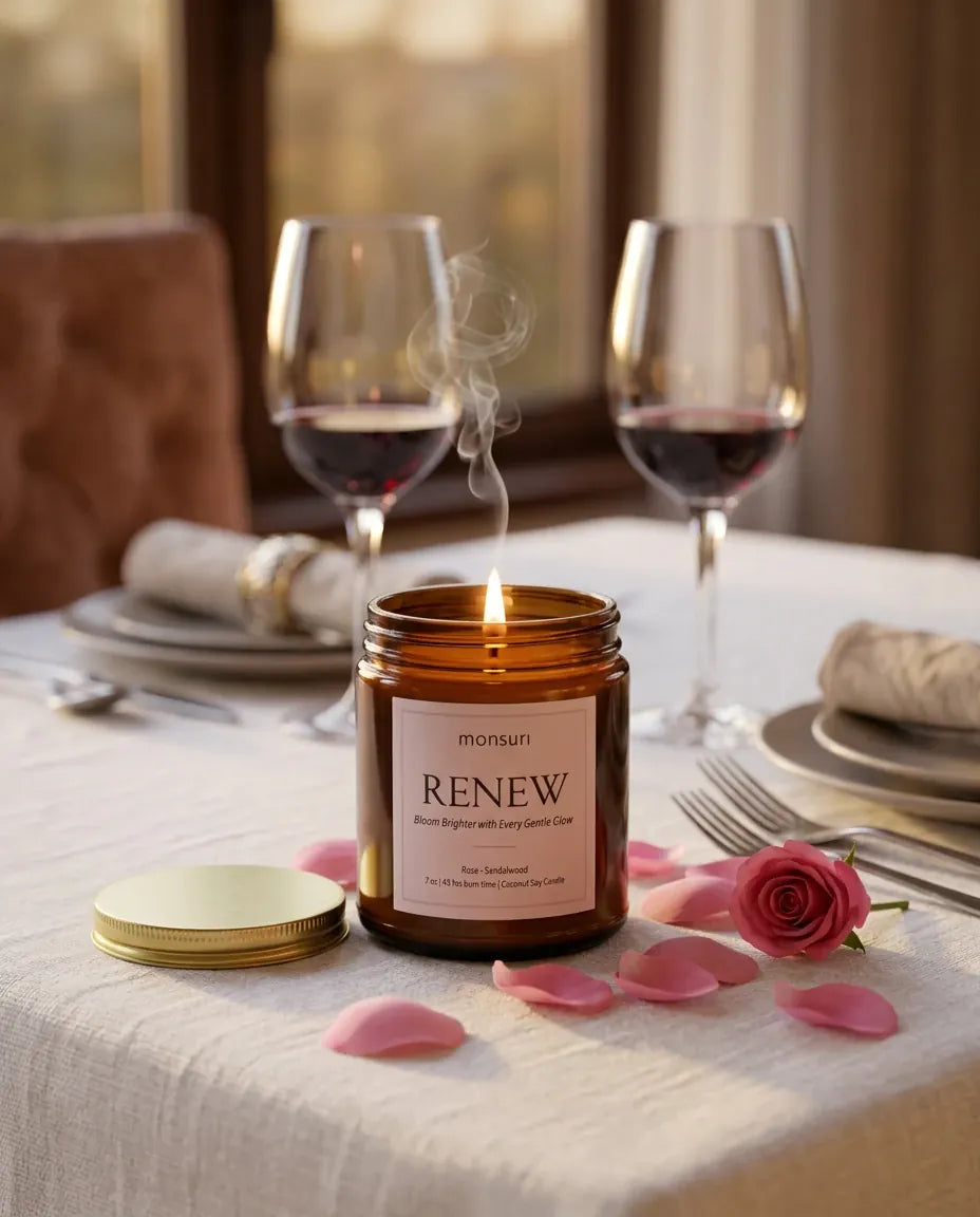 Monsuri RENEW rose sandalwood candle lit at the center of a candlelit dinner table set for two, with wine glasses and rose petals.