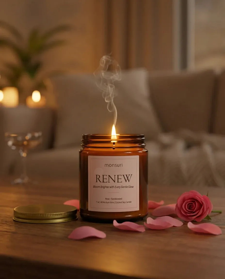 Monsuri RENEW rose sandalwood candle burning at dusk with a soft smoke curl, warm amber light, and pink rose petals scattered on a wood table.