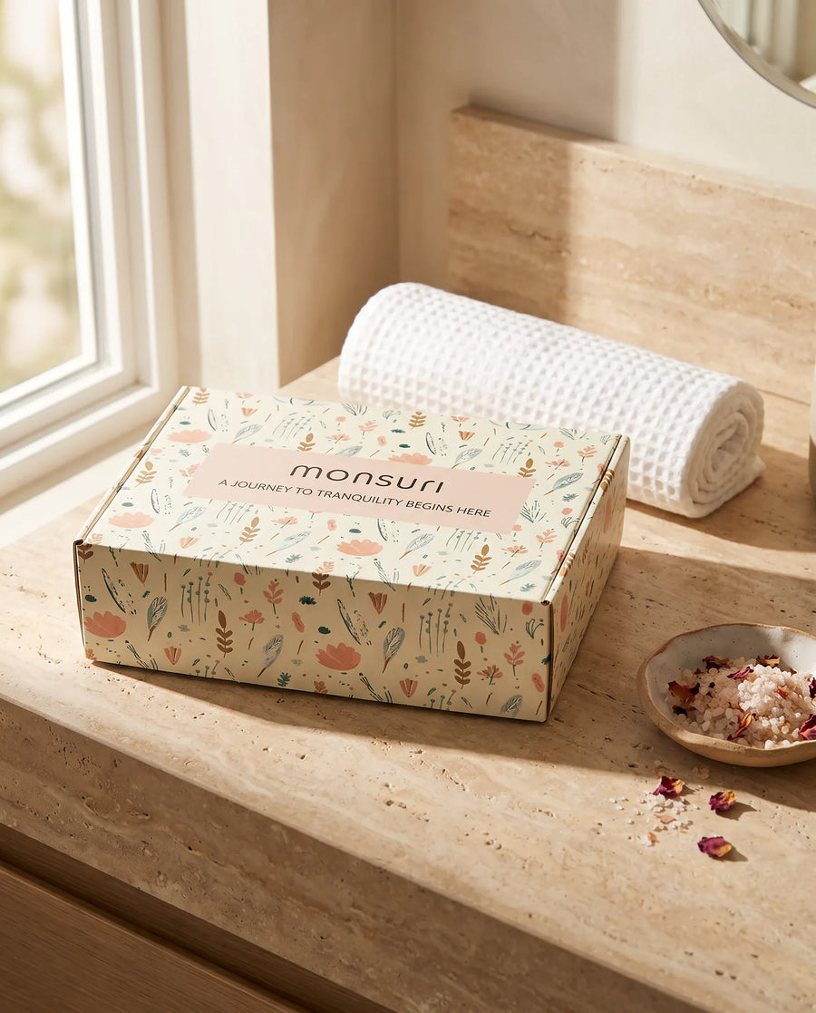 The botanical kraft gift box as it ships — kraft shred, a eucalyptus sprig, the note inside.