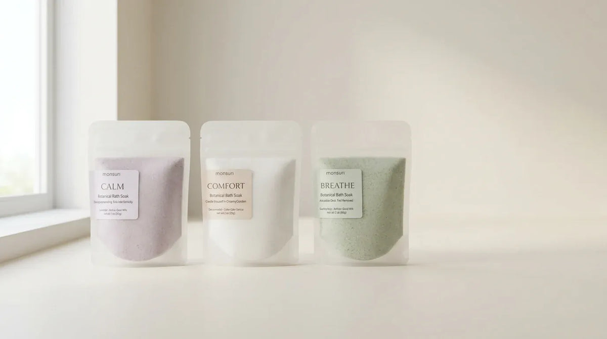 The three bath soak pouches standing side by side against a bright, bare wall — the pale purple CALM, the white COMFORT and the green BREATHE.