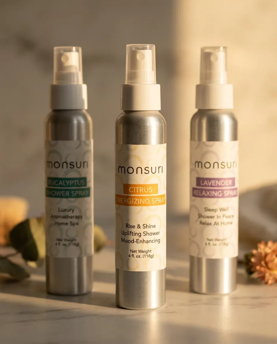All five pieces of the Monsuri Sensory Symphony gift set lined up on marble: lavender, citrus, and eucalyptus sprays, whipped body butter, and lemongrass ginger sugar scrub.