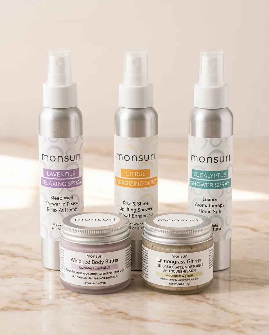 Monsuri whipped body butter and lemongrass ginger sugar scrub open side by side on a ceramic tray with lavender sprigs.