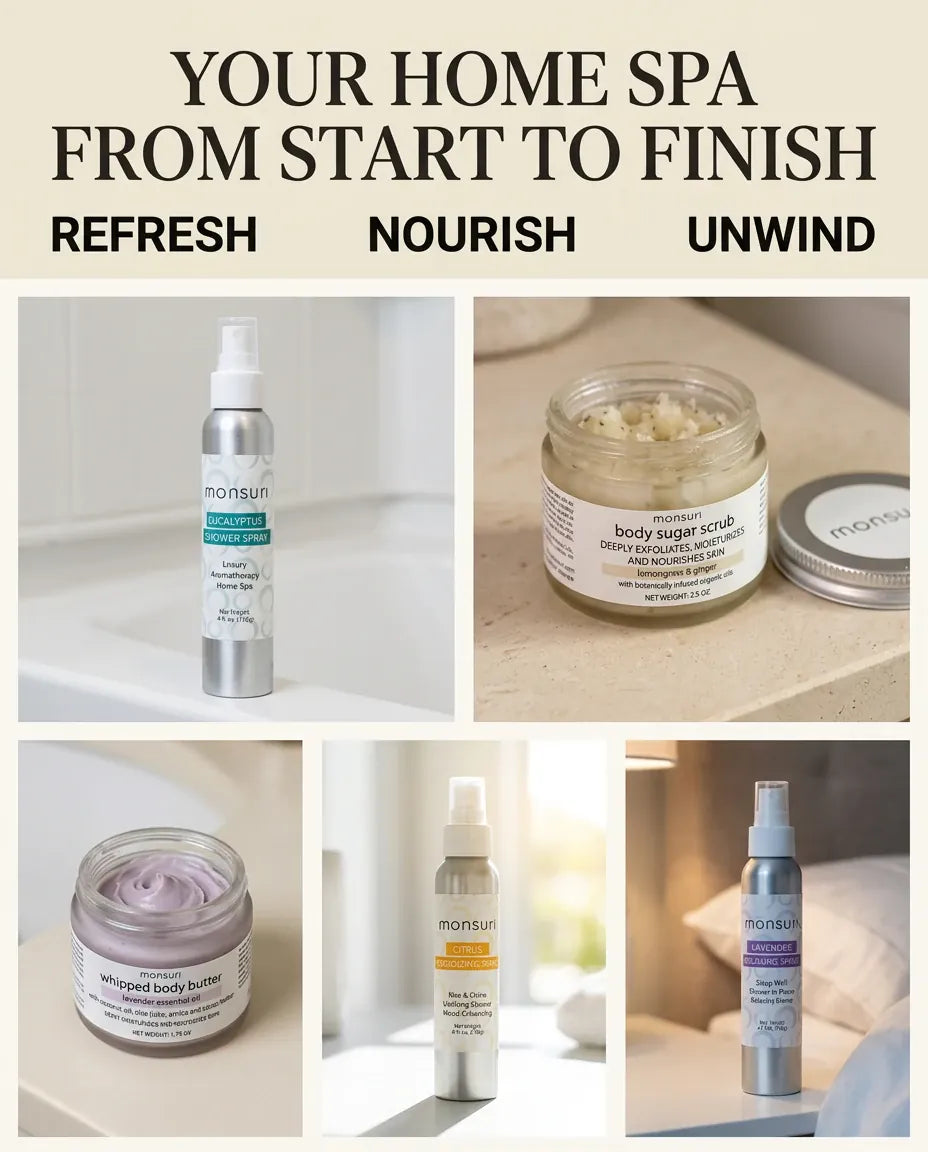 Monsuri Sensory Symphony gift set grid: refresh, nourish, unwind, showing the sprays, scrub, and body butter individually.