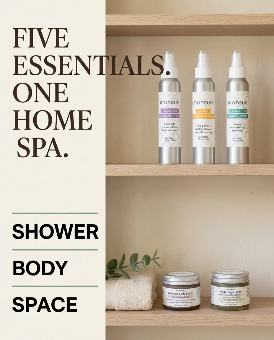 Monsuri Sensory Symphony gift set styled on wood shelves, labeled five essentials, one home spa: shower, body, space.