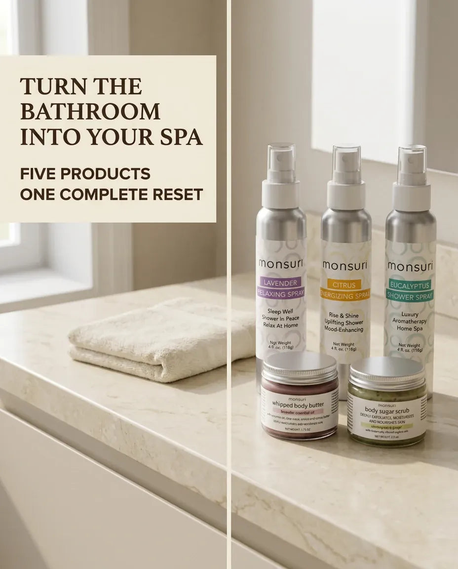 Monsuri Sensory Symphony gift set on a bathroom counter beside a folded towel, five products for one complete reset.