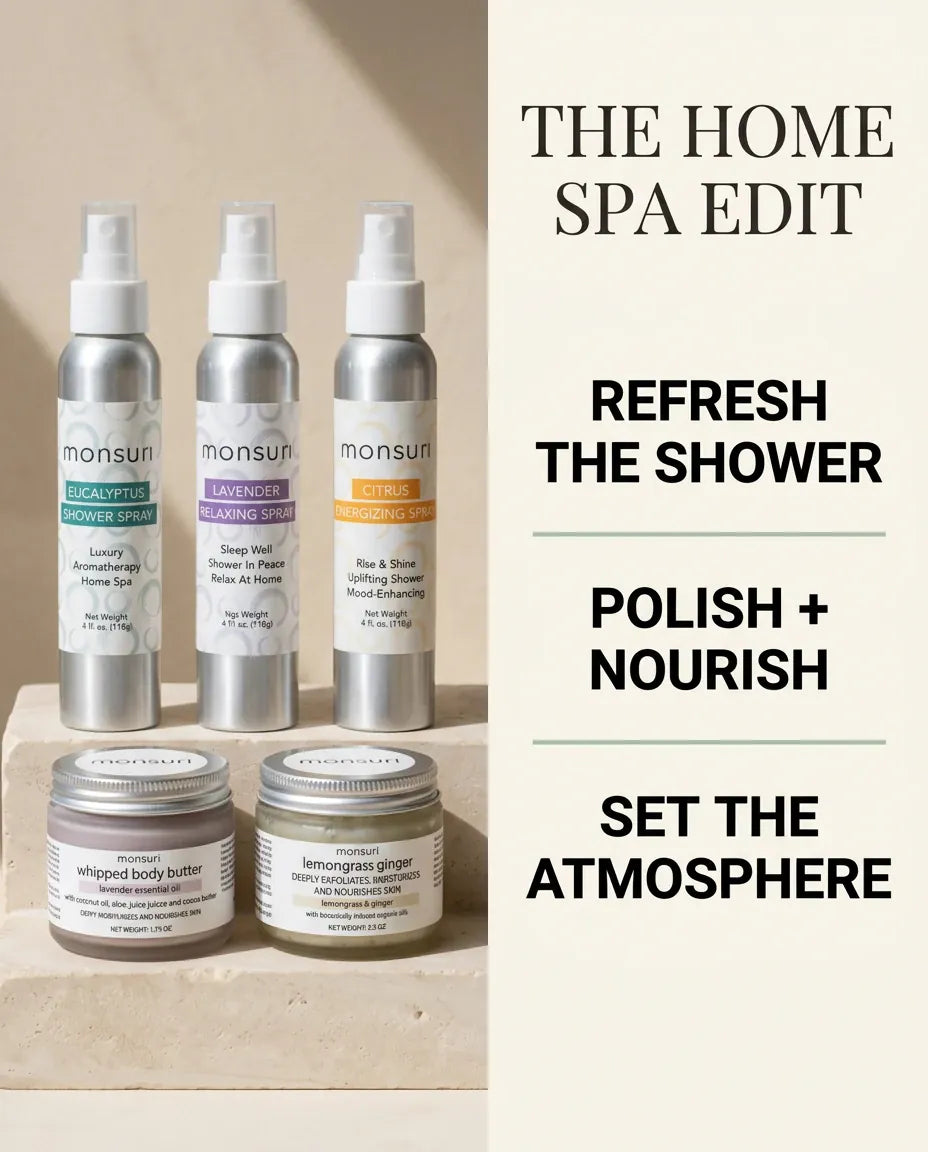 Monsuri Sensory Symphony home spa edit: refresh the shower, polish and nourish, set the atmosphere.