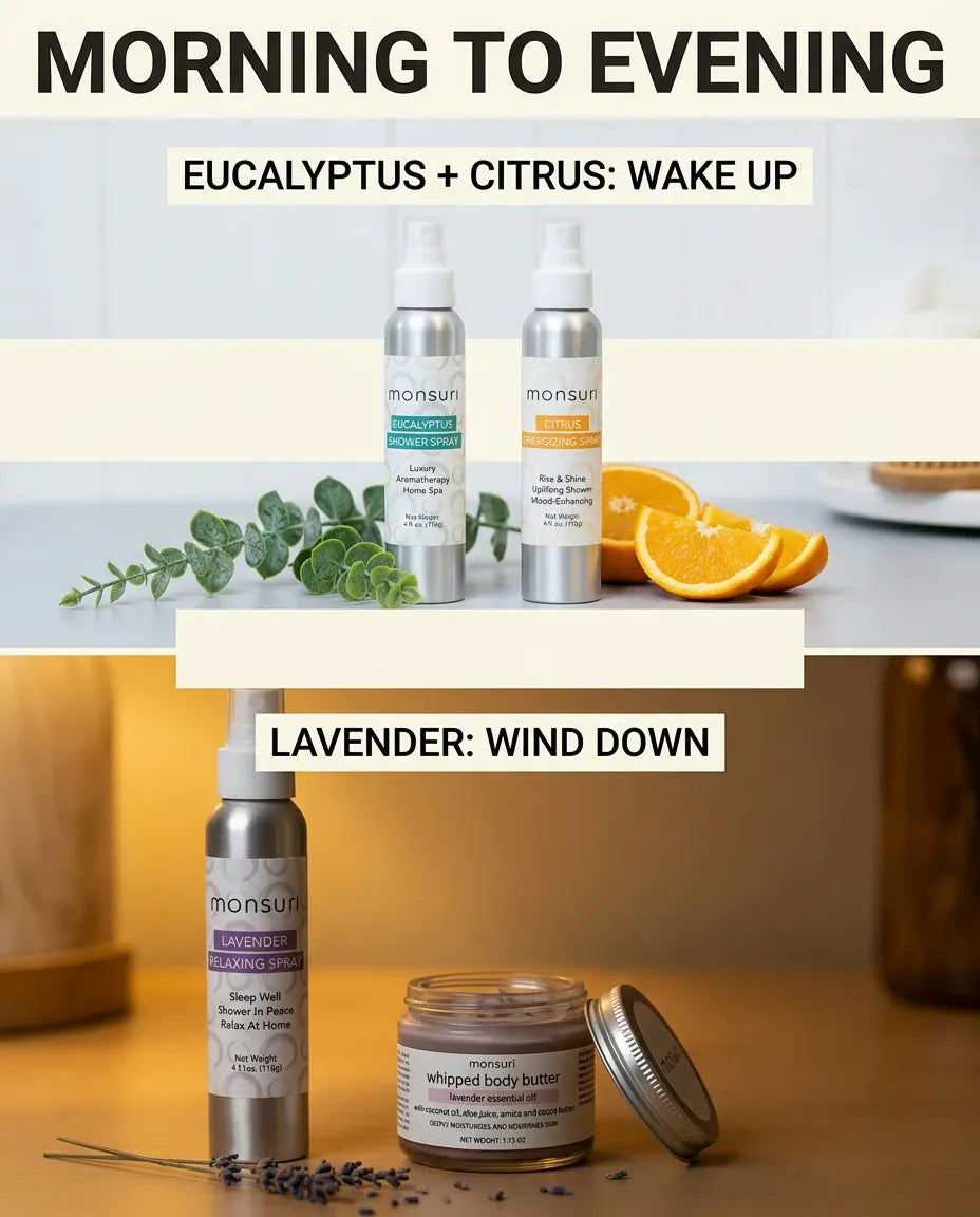Monsuri Sensory Symphony gift set infographic: eucalyptus and citrus to wake up in the morning, lavender to wind down in the evening.