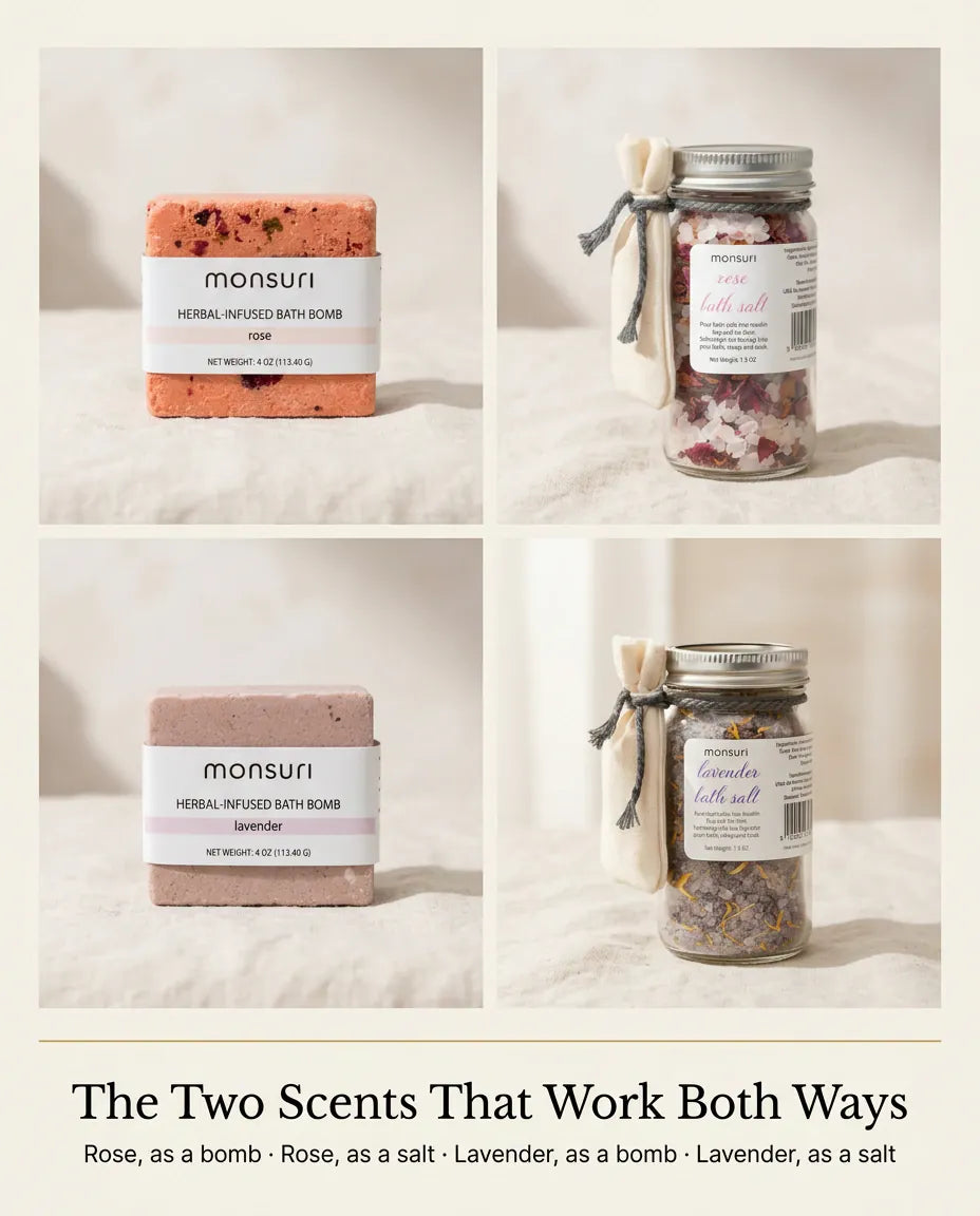 The two scents that work both ways: rose as a bath bomb and rose as a bath salt, lavender as a bath bomb and lavender as a bath salt, shown in four close-ups.