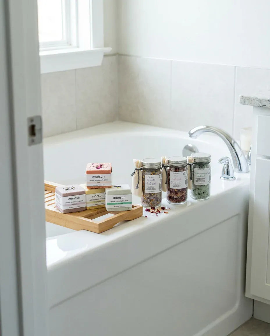 The bath bomb and salts set laid out along the edge of a bath in a bright bathroom, the four bath bombs and three salt jars arranged on a wooden caddy under a window.