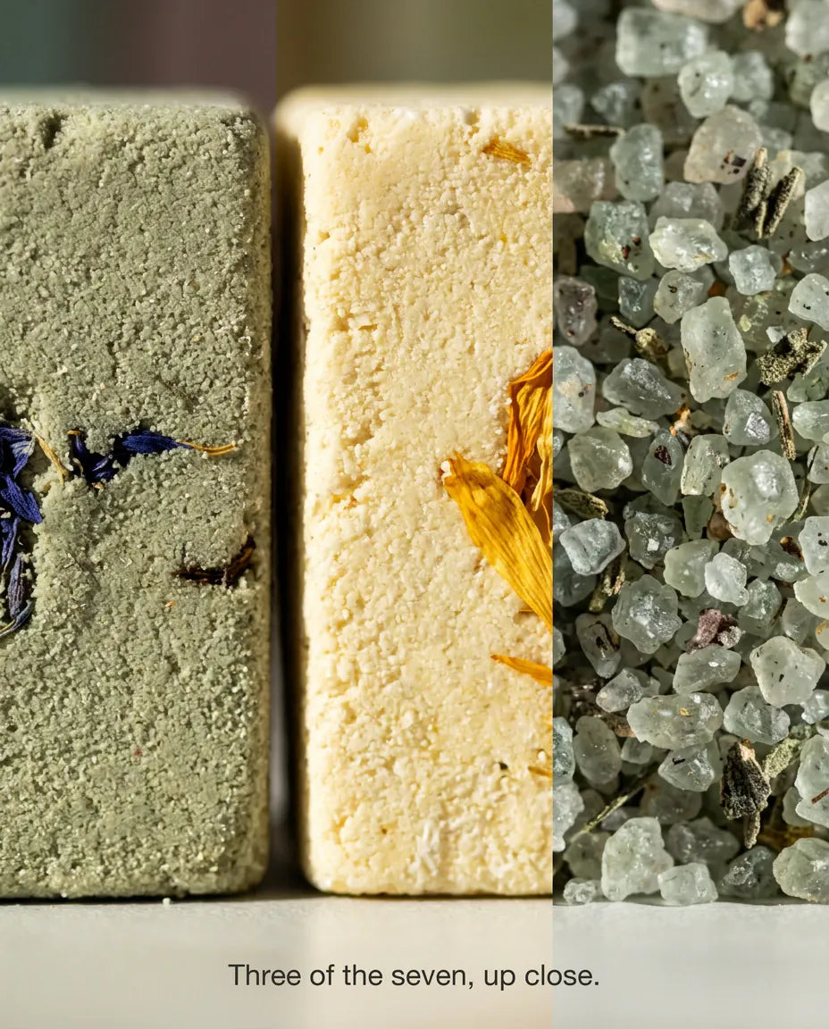 Three of the seven up close: the pressed texture of a bath bomb studded with dried cornflower, a second bath bomb with marigold petals, and the loose mineral crystals of a herbal bath salt.