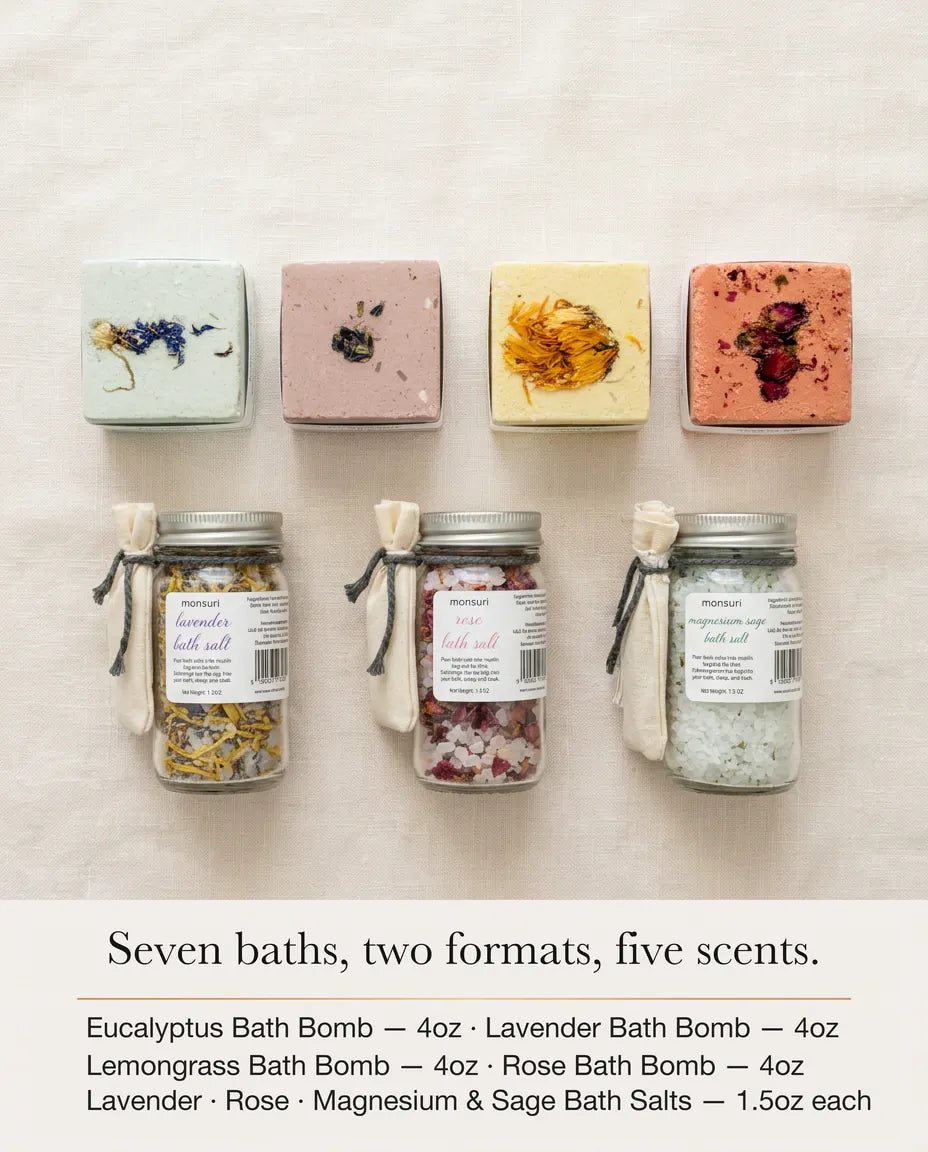 Seven baths, two formats, five scents: the eucalyptus, lavender, lemongrass and rose bath bombs at 4oz each above the lavender, rose and magnesium and sage herbal bath salt jars at 1.5oz each, laid out on cream linen.