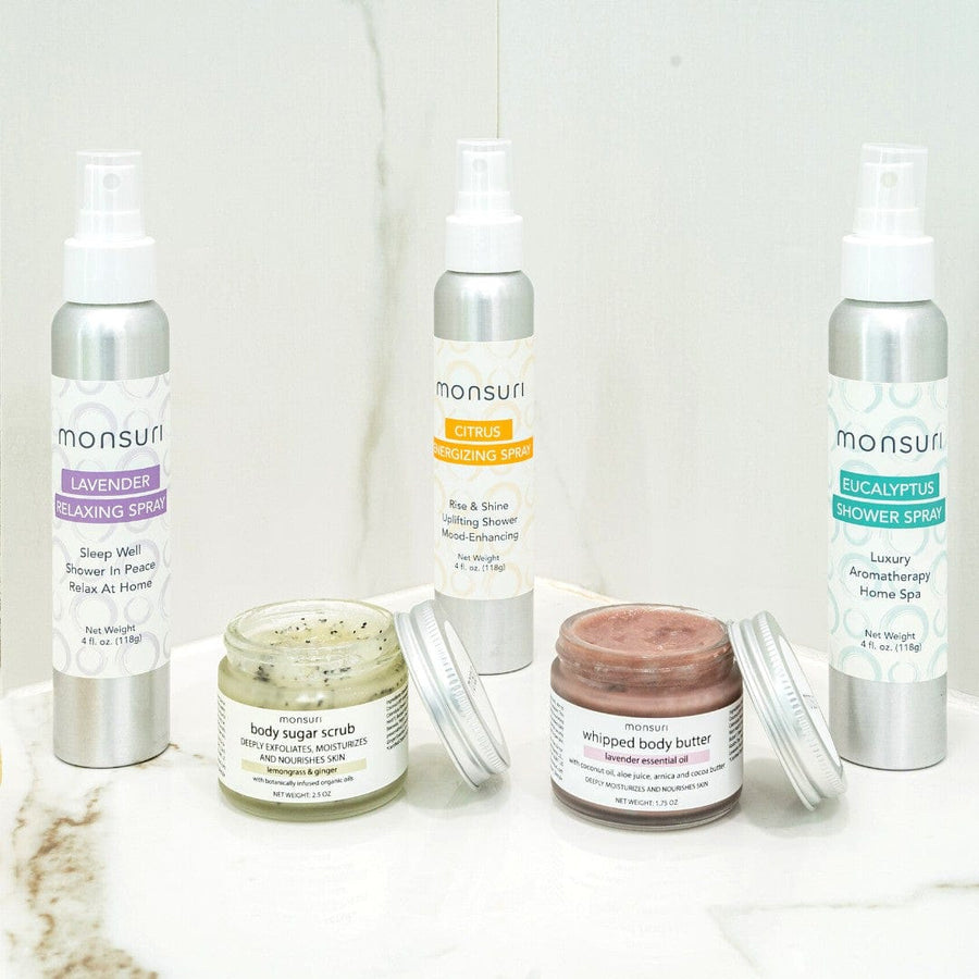 Sensory Symphony aromatherapy gift set — three shower sprays, body butter and sugar scrub by Monsuri