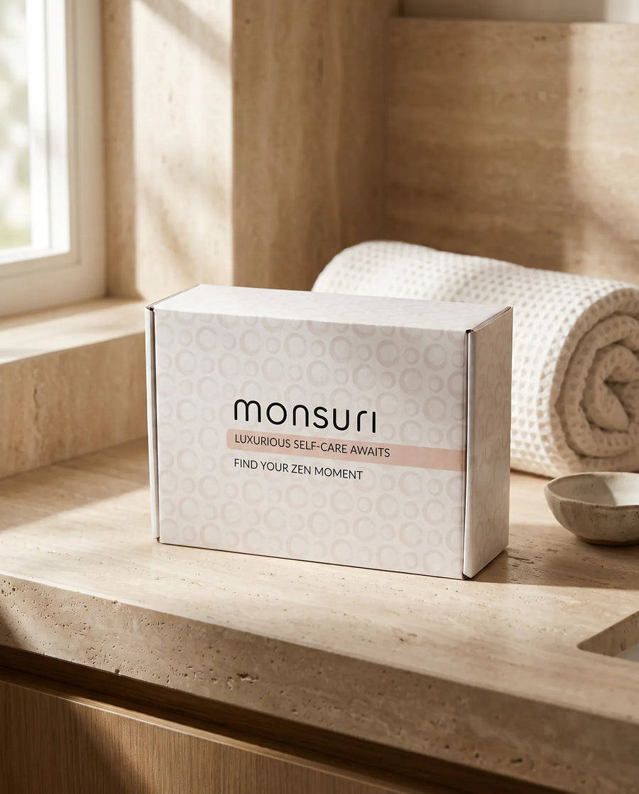 The botanical kraft gift box as it ships — kraft shred, a eucalyptus sprig, the note inside.