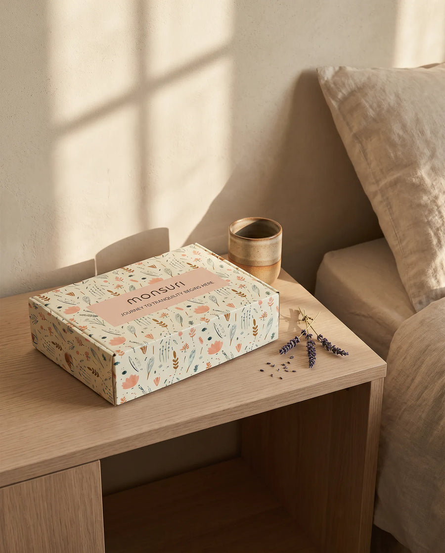 The botanical kraft gift box as it ships — kraft shred, a eucalyptus sprig, the note inside.