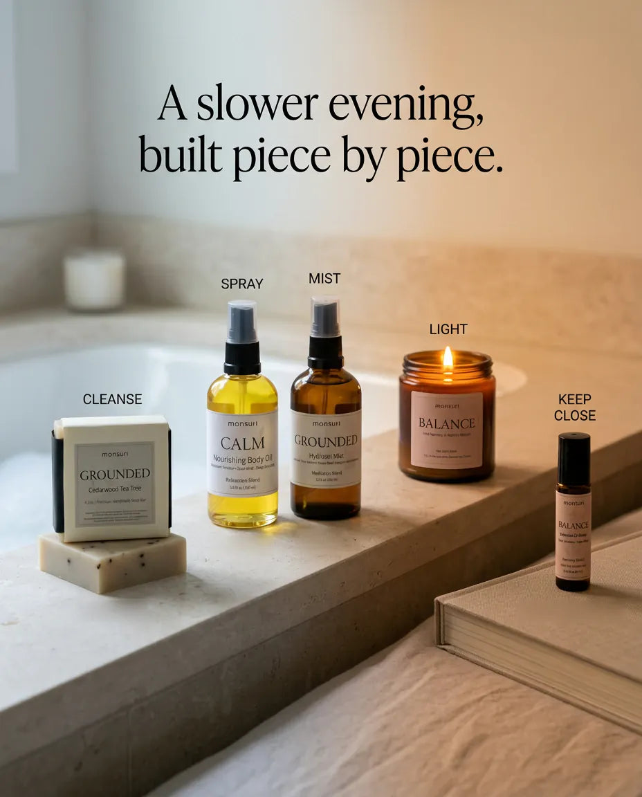 A slower evening, built piece by piece - cleanse with the soap, spray the body oil, mist the hydrosol, light the candle and keep the roller close