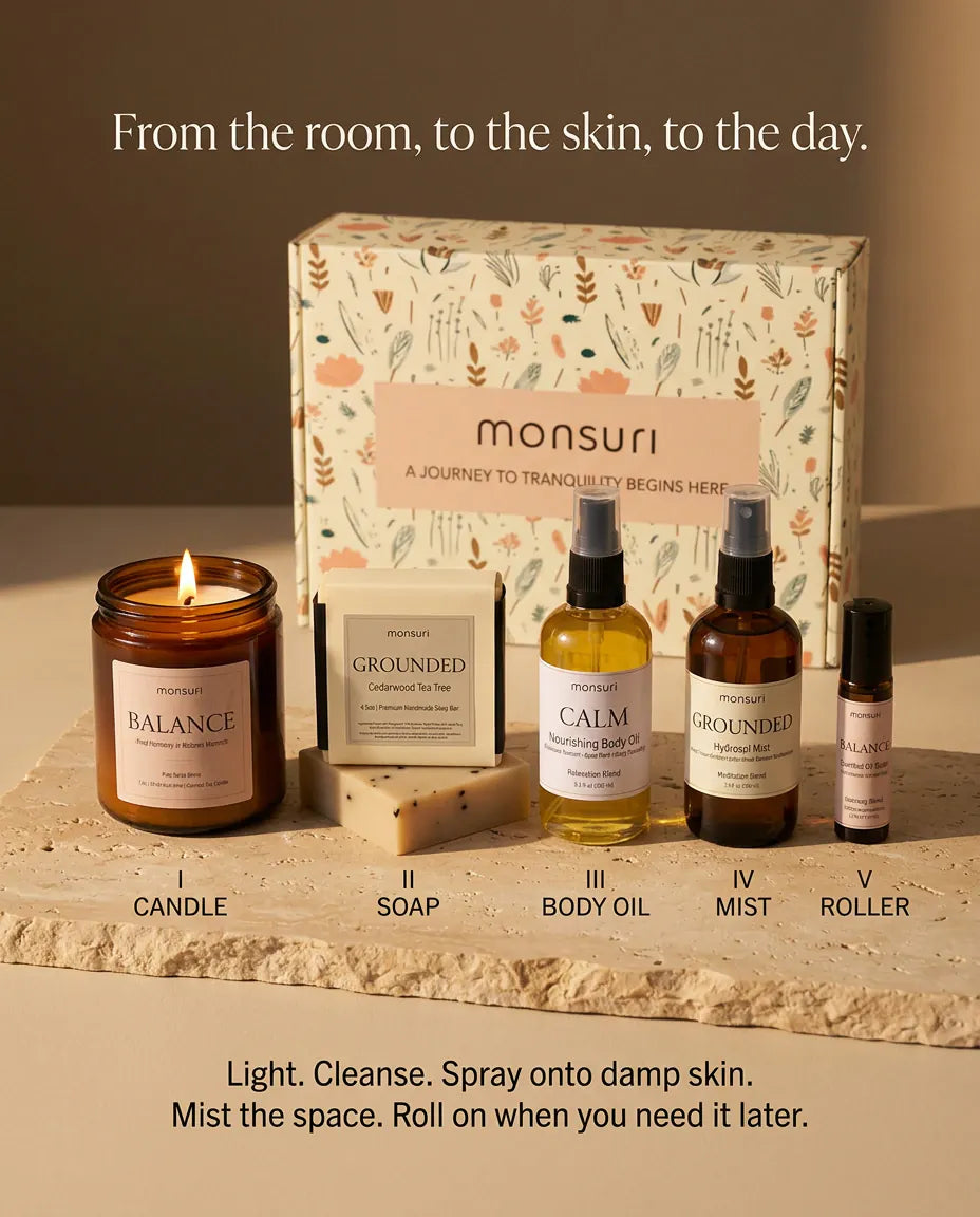 From the room, to the skin, to the day - the candle, soap, body oil, mist and roller numbered one to five in front of the botanical gift box