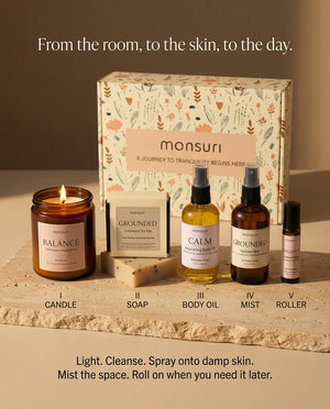 From the room, to the skin, to the day - the candle, soap, body oil, mist and roller numbered one to five in front of the botanical gift box