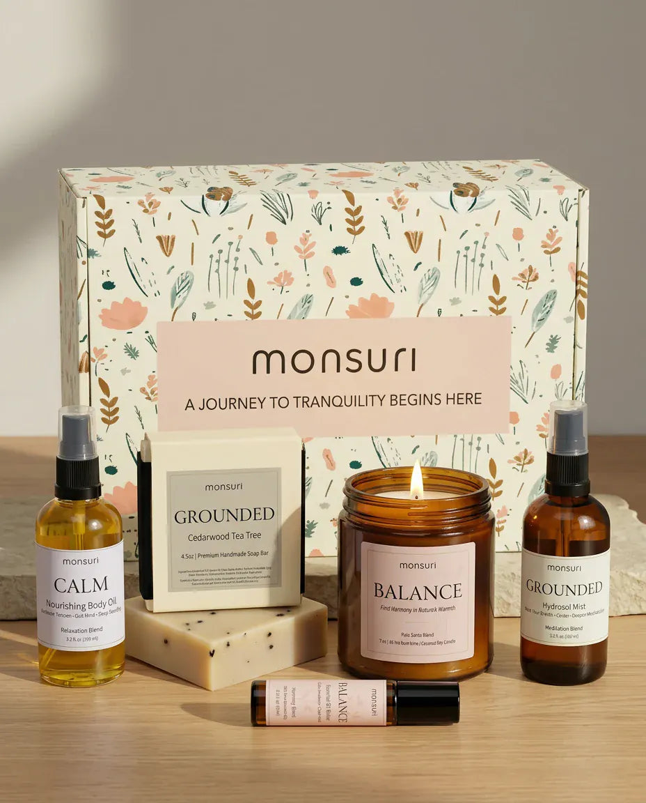 All five pieces of the Stress-Less Sanctuary set with the botanical gift box - CALM body oil, GROUNDED cedarwood and tea tree soap, BALANCE palo santo candle, BALANCE roller and GROUNDED hydrosol mist on a pale wood table