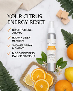 Monsuri citrus shower spray benefits checklist: bright citrus aroma, room and linen refresh, shower spray moment, mood-boosting daily pick-me-up.