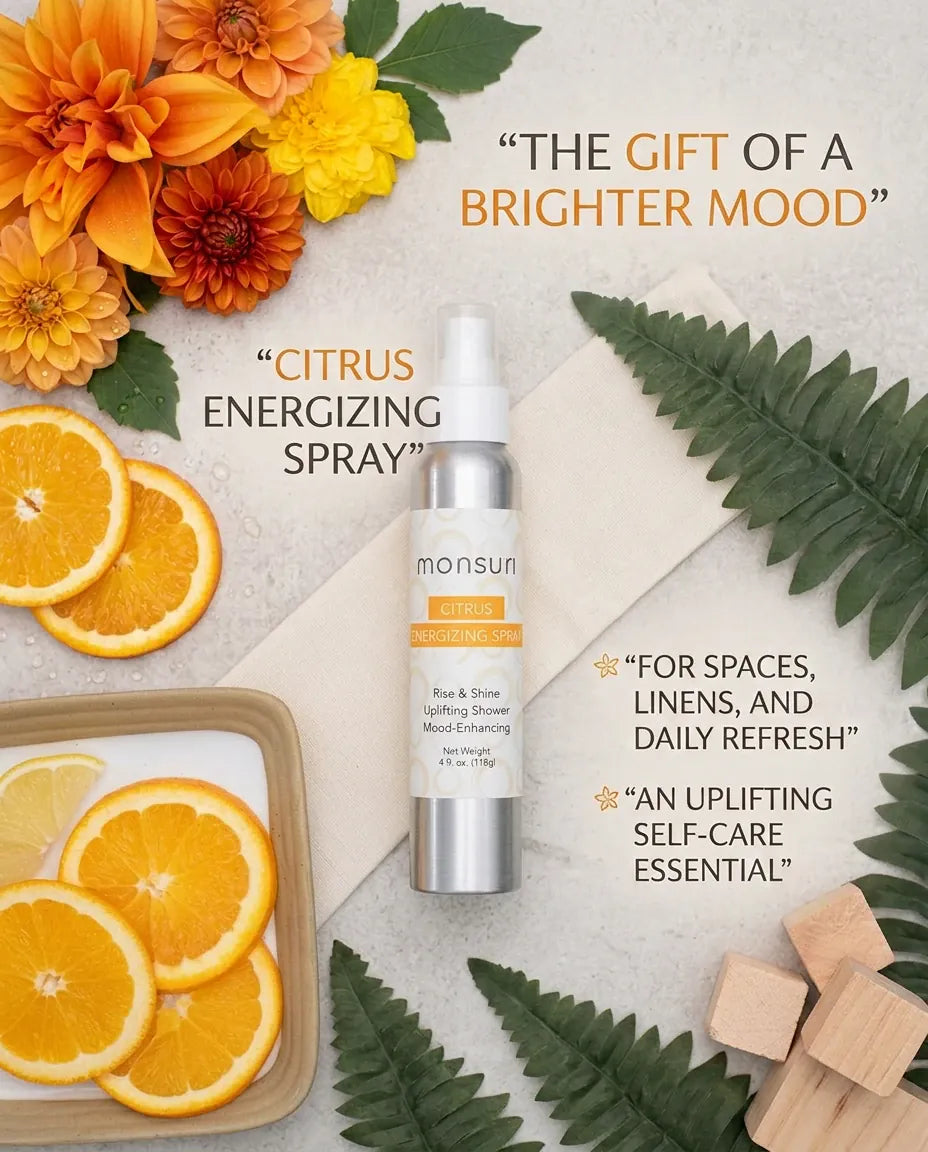Monsuri citrus energizing shower spray styled with fresh orange slices and marigolds, labeled the gift of a brighter mood.