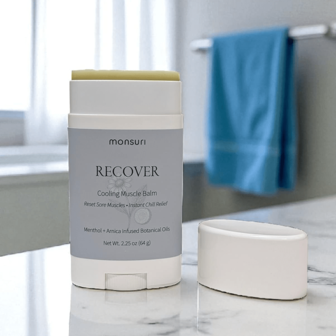 Natural nerve balm stick showing precision application for chronic muscle tension and tennis elbow