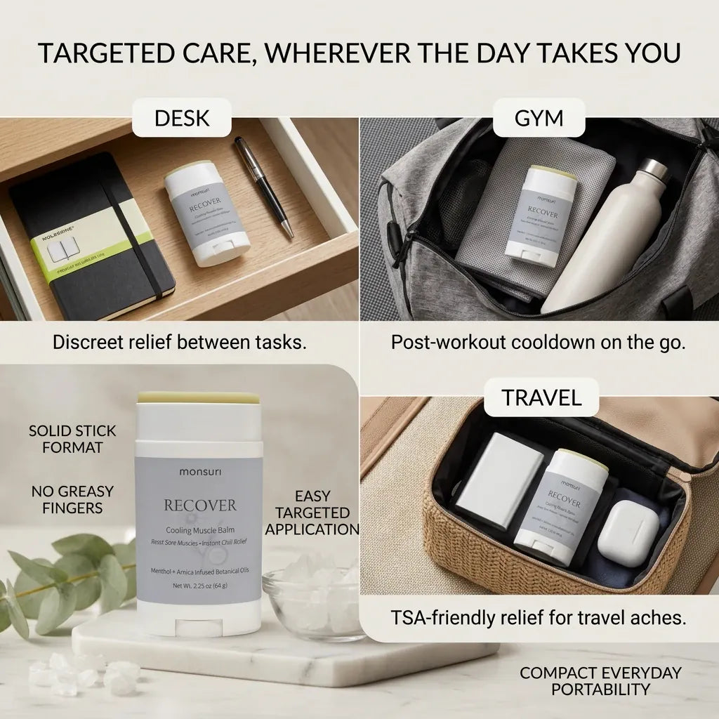 Monsuri RECOVER cooling muscle balm stick styled in a desk drawer, a gym bag, and a travel toiletry case, showing where the stick travels through the day.