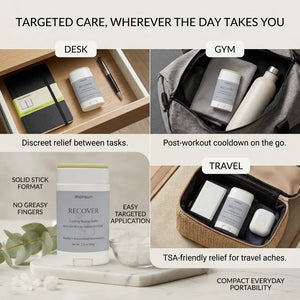 Monsuri RECOVER cooling muscle balm stick styled in a desk drawer, a gym bag, and a travel toiletry case, showing where the stick travels through the day.