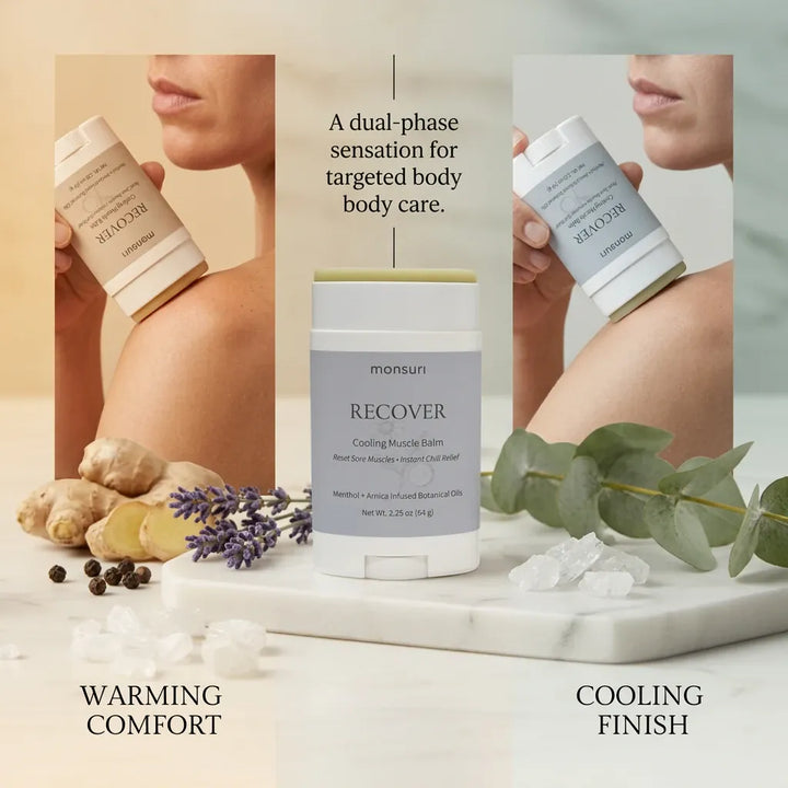 Split image of the Monsuri RECOVER balm stick applied to a shoulder and to the jaw, showing its dual-phase warming-then-cooling sensation on skin.