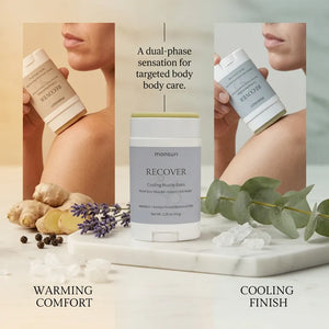 Split image of the Monsuri RECOVER balm stick applied to a shoulder and to the jaw, showing its dual-phase warming-then-cooling sensation on skin.