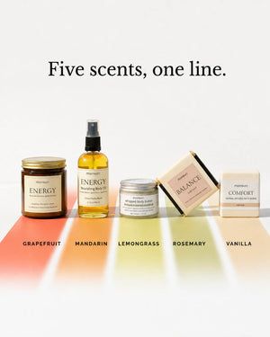 Five scents, one line — the pieces standing over a gradient that runs grapefruit, mandarin, lemongrass, rosemary and vanilla, bright at one end and soft at the other.
