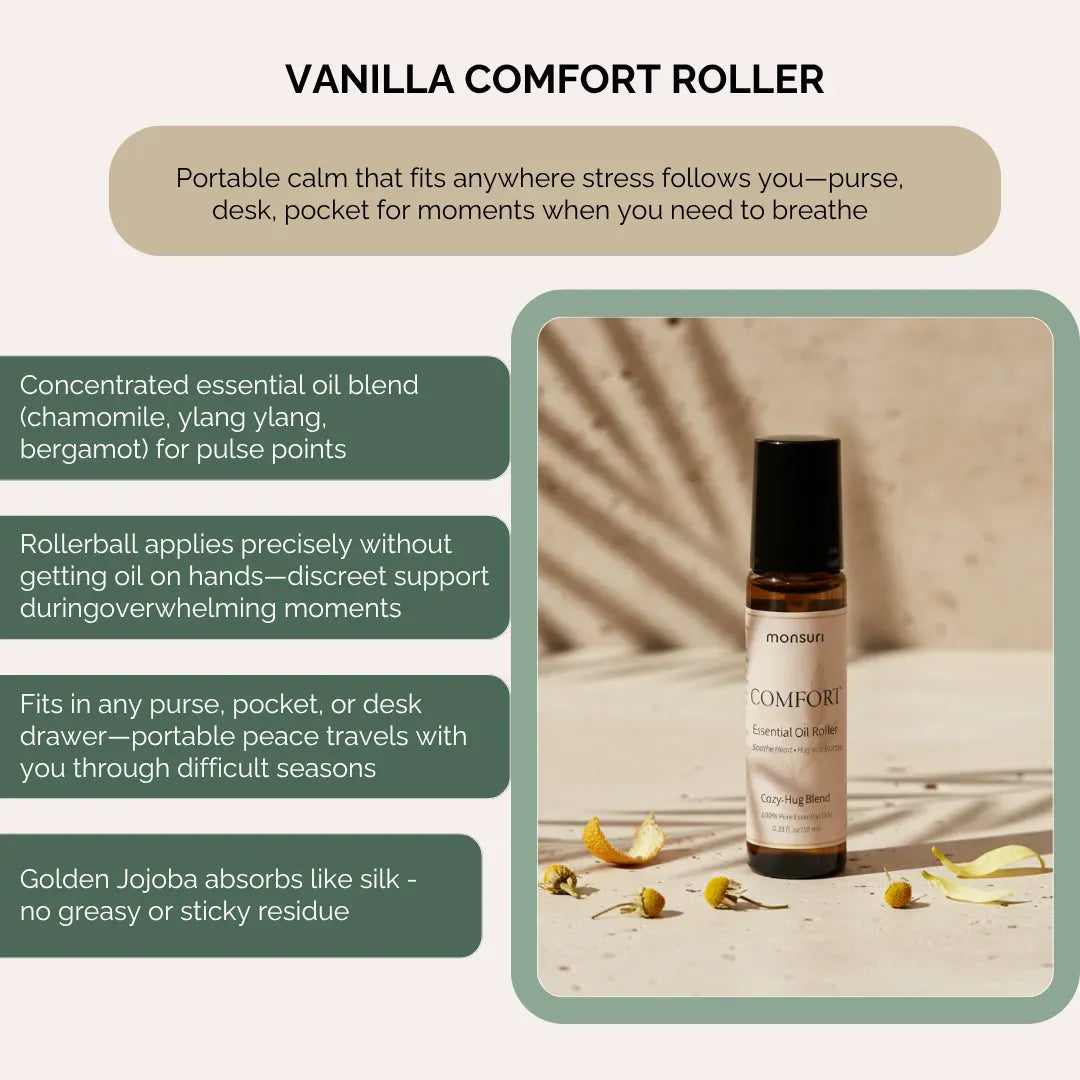 Vanilla comfort essential oil roller with chamomile ylang ylang bergamot for portable calm fitting purse desk pocket during stressful moments