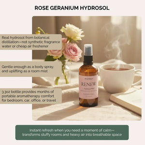 Rose geranium hydrosol mist in amber bottle with fresh roses refreshing linens and spaces with real botanical distillation not synthetic fragrance