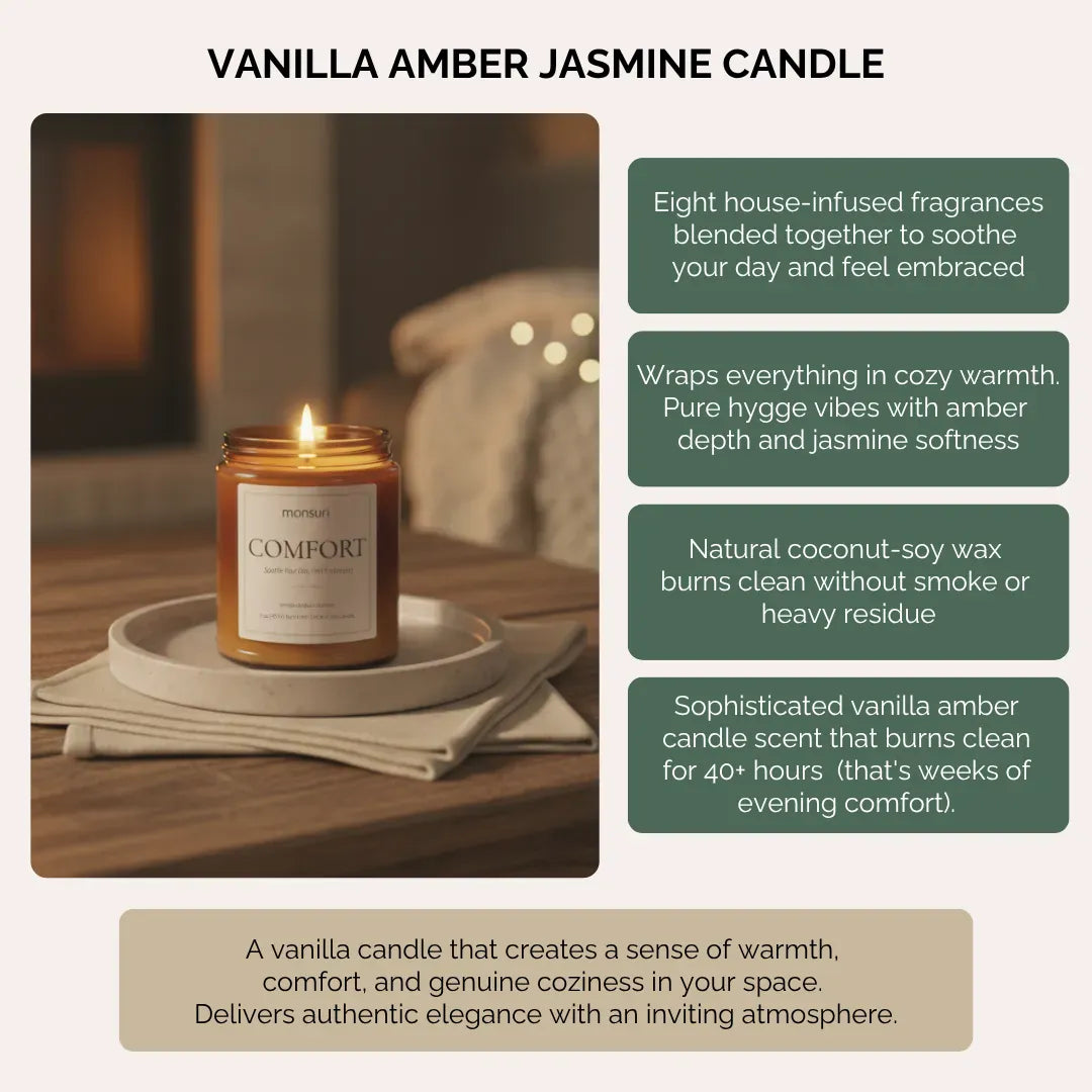 Vanilla amber jasmine comfort candle burning in amber glass jar creating cozy atmosphere with house-infused botanical oils for 40+ hours