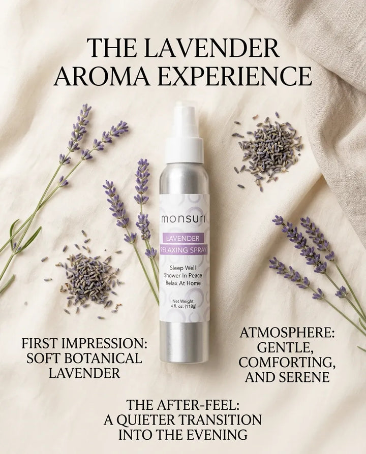Monsuri lavender spray scent-notes infographic: soft botanical lavender first impression, a gentle comforting atmosphere, and a quiet transition into the evening.