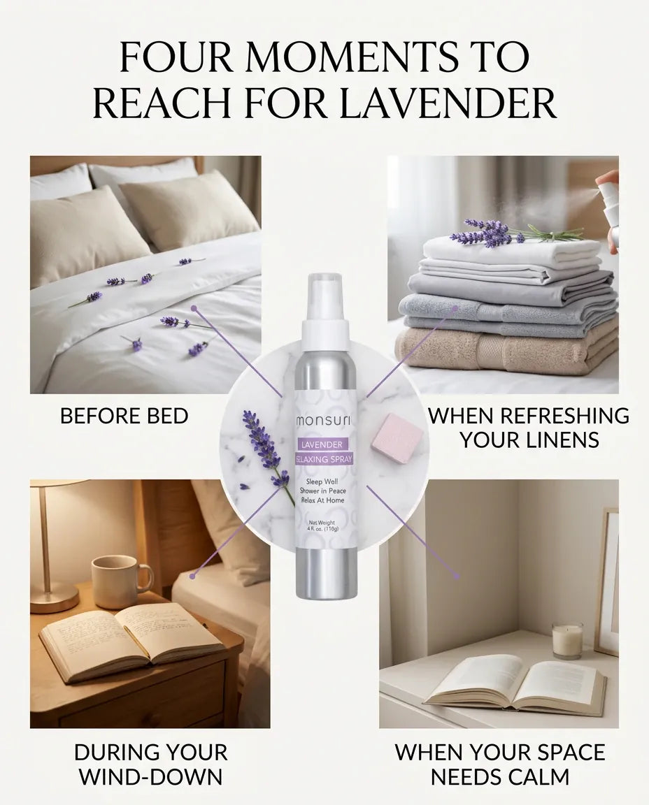 Four-panel infographic for the Monsuri lavender spray: before bed, when refreshing your linens, during your wind-down, and when your space needs calm.
