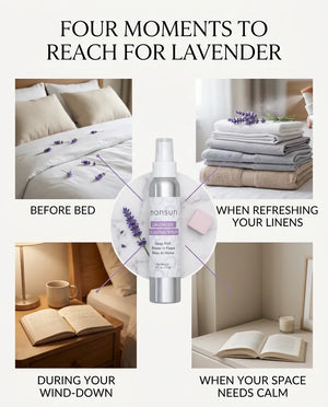 Four-panel infographic for the Monsuri lavender spray: before bed, when refreshing your linens, during your wind-down, and when your space needs calm.