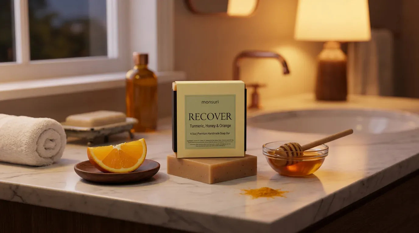Turmeric Honey & Orange soap bar with orange and honey on a warm-lit vanity — natural golden soap bar