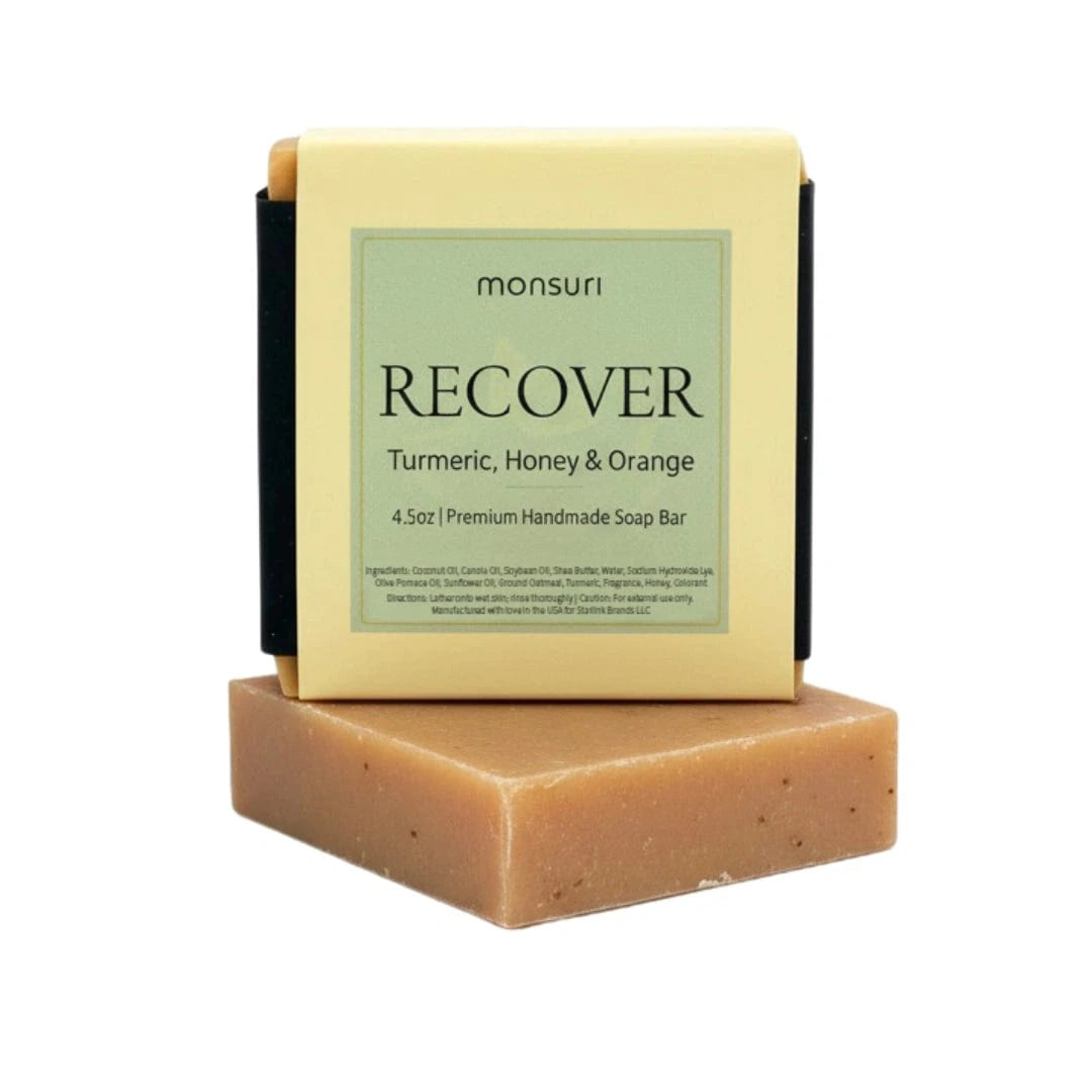 Recover Turmeric Honey Orange Soap natural golden handmade bar for post-workout recovery on white background