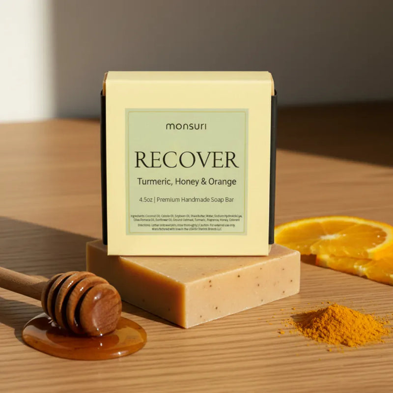 Recover Turmeric Honey Orange Soap natural golden handmade bar for post-workout recovery on white background