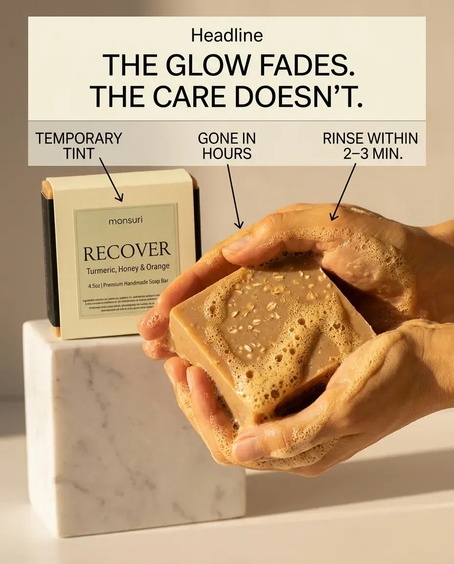 Turmeric Honey & Orange soap: any turmeric tint is temporary and rinses within 2-3 minutes