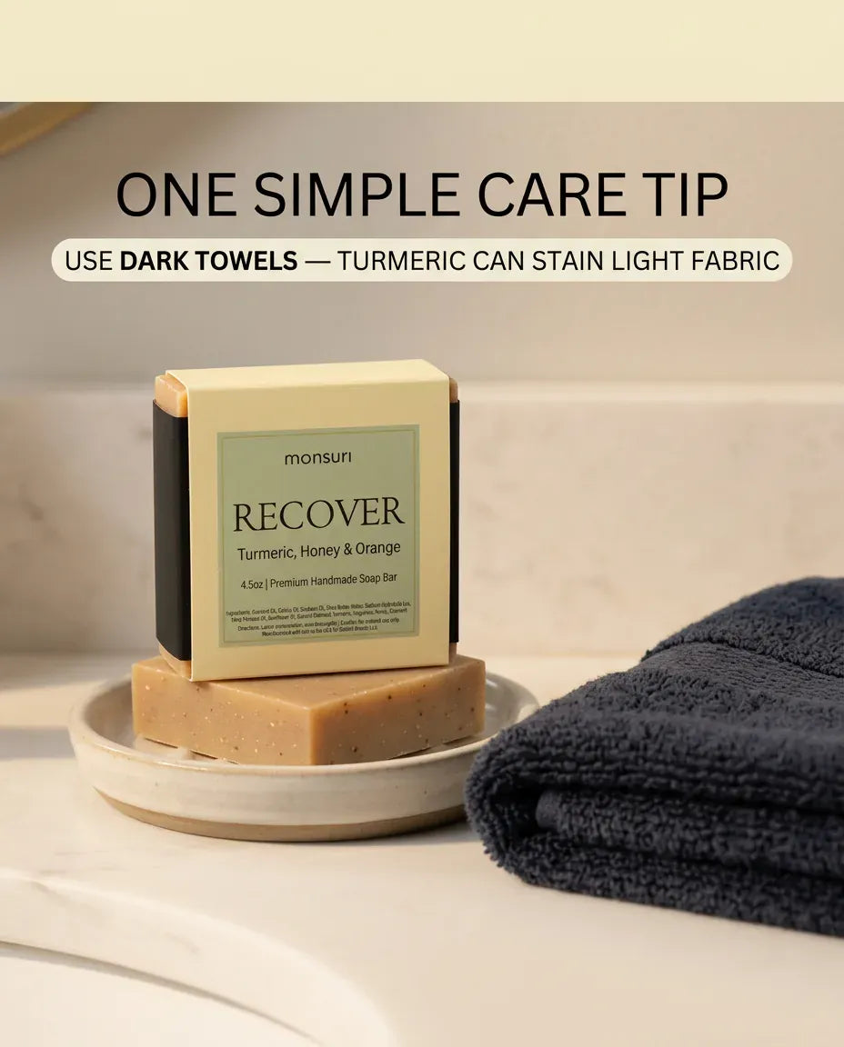 Care tip for Turmeric Honey & Orange soap: use dark towels as turmeric can stain light fabric