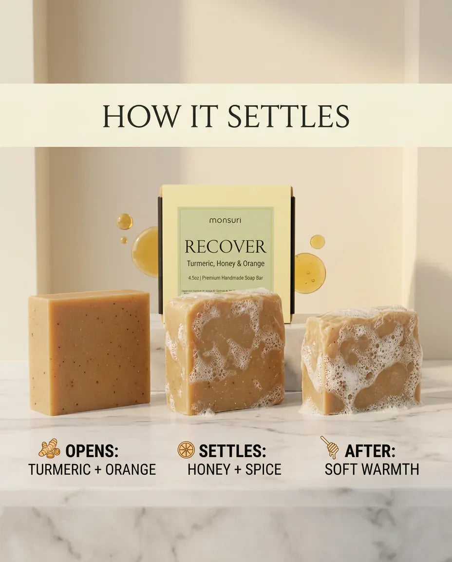 Scent profile of Turmeric Honey & Orange soap: turmeric and orange settling into honey, spice and warmth