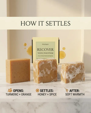 Scent profile of Turmeric Honey & Orange soap: turmeric and orange settling into honey, spice and warmth