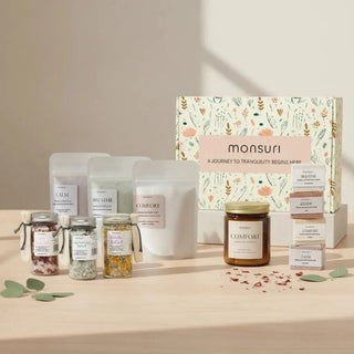 Ultimate Bath Gift Set eleven-piece flat lay with candle, bath salts, bath soaks, and bath bombs