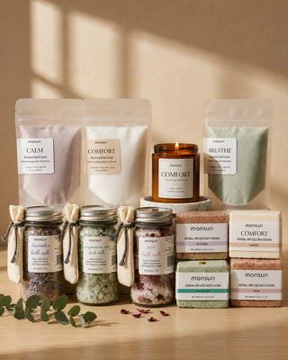 All eleven pieces of the Monsuri Ultimate Bath Gift Set in warm light - the 7 oz COMFORT vanilla amber candle, three 3 oz botanical bath soaks (CALM, COMFORT, BREATHE), three 1.5 oz bath salt jars with wooden spoons, and four 4 oz herbal-infused bath bombs