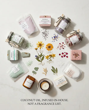 Overhead specimen layout of the Ultimate Bath Gift Set with the botanicals each piece is made from - coconut oil, infused in-house, not a fragrance list
