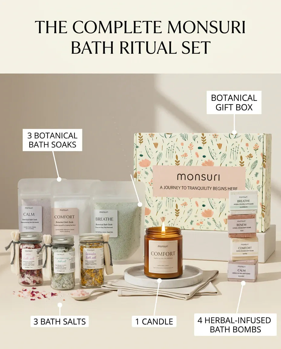 The complete Monsuri bath ritual set labelled piece by piece - 3 botanical bath soaks, 3 bath salts, 1 candle, 4 herbal-infused bath bombs and the botanical gift box